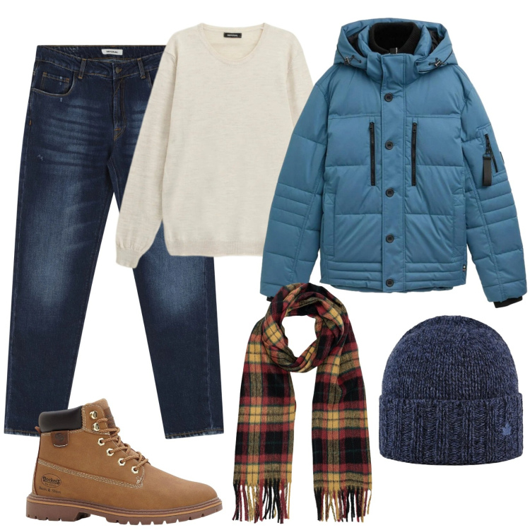 Outfit uomo - Giornata di shopping natalizio. Stile Casual per Tutti i giorni. Abbinamento con stivali e stivaletti, piumini, jeans dritti, maglieria, cappelli, sciarpe.