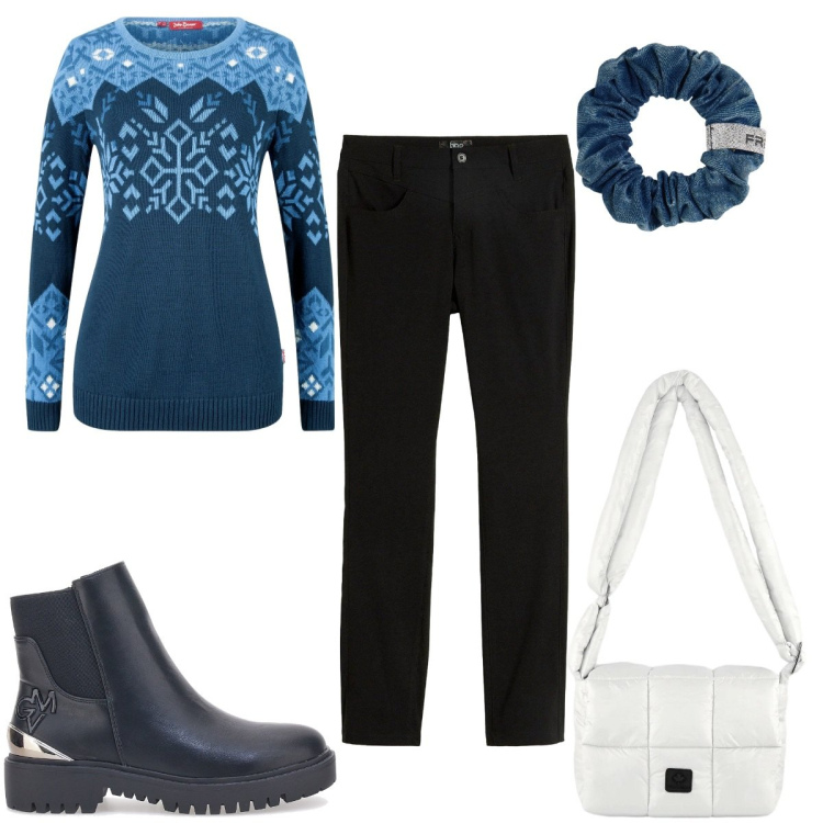 Outfit donna - Gift of style: il maglione curvy. Stile Trendy per Serata fuori. Abbinamento con pantaloni, maglieria, accessori per capelli, borse a spalla, stivaletti chelsea.