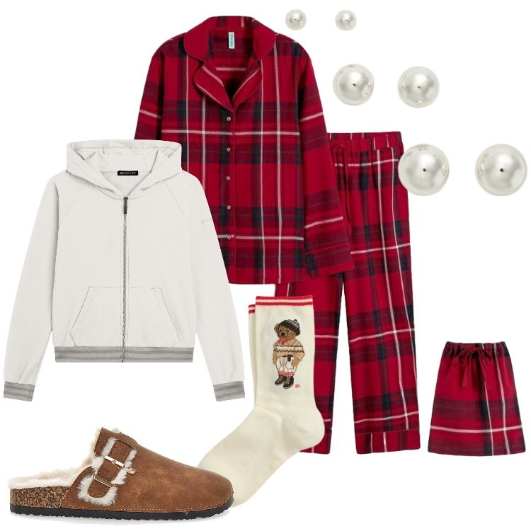 Outfit donna - Vetrina Natalizia. Stile Casual per Tutti i giorni. Abbinamento con pigiama, felpe con cappuccio, orecchini, calzini, pantofole.