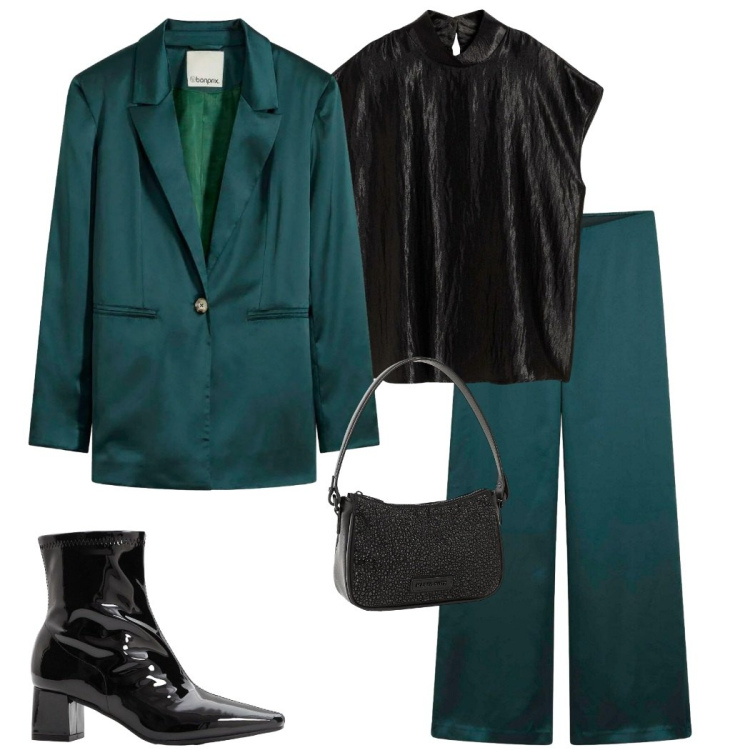 Outfit donna - Party Bonprix. Stile Casual chic per Serata fuori. Abbinamento con pantaloni a palazzo, stivaletti, borse a mano, top, blazer.