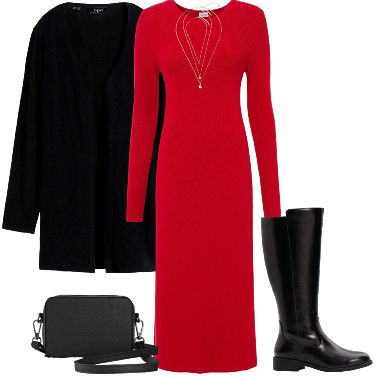 Outfit donna - Party Bonprix. Stile Casual chic per Serata fuori. Abbinamento con vestiti, cardigans, stivali, borse a tracolla, collane.