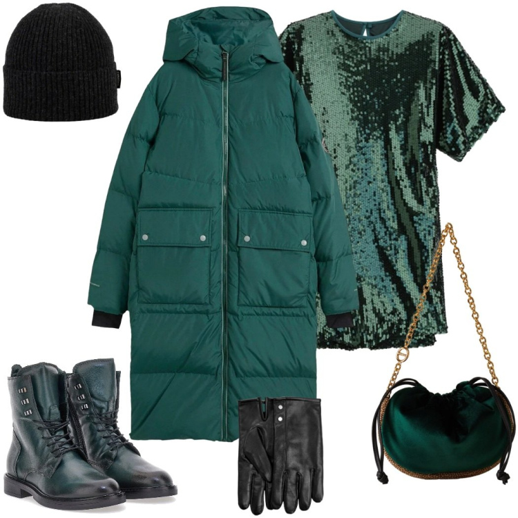 Outfit donna - Festa in montagna. Stile Casual chic per Serata fuori. Abbinamento con piumini, guanti, vestiti corti, borse a spalla, berretti, anfibi.