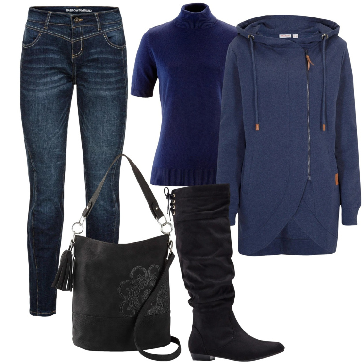 Outfit donna - Blu e Nero. Stile Casual per Tutti i giorni. Abbinamento con borse a mano, jeans dritti, blazer, stivali, maglieria.