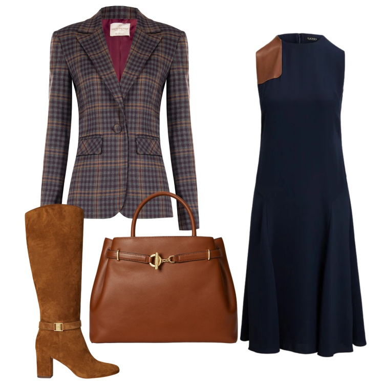 Outfit donna - Total look #2298598. Stile Chic per Tutti i giorni. Abbinamento con blazer, stivali, vestiti senza maniche, borse a mano.