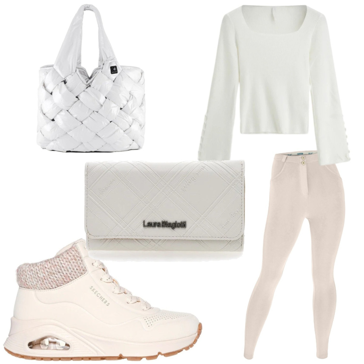 Outfit donna - Bianco Natale. Stile Casual per Tutti i giorni. Abbinamento con maglieria, pantaloni skinny, borse tote, sneakers, portafogli.
