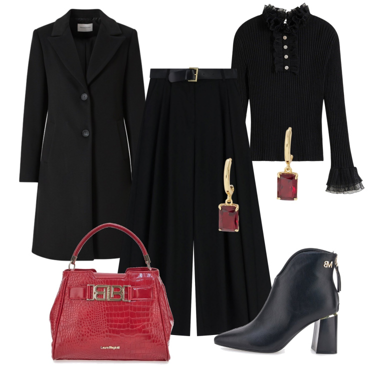 Outfit donna - La borsa rossa chic - @danipoetessa73. Stile Chic per Serata fuori. Abbinamento con maglieria, cappotti, pantaloni a palazzo, orecchini, stivaletti, borse a mano.