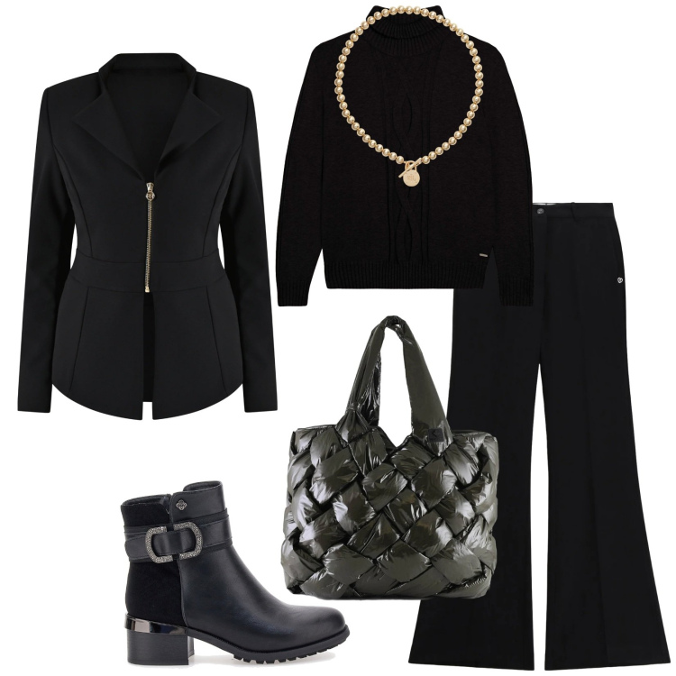 Outfit donna - Total look #2298611. Stile Chic per Serata fuori. Abbinamento con pantaloni, blazer, maglieria, collane, borse tote, stivaletti.