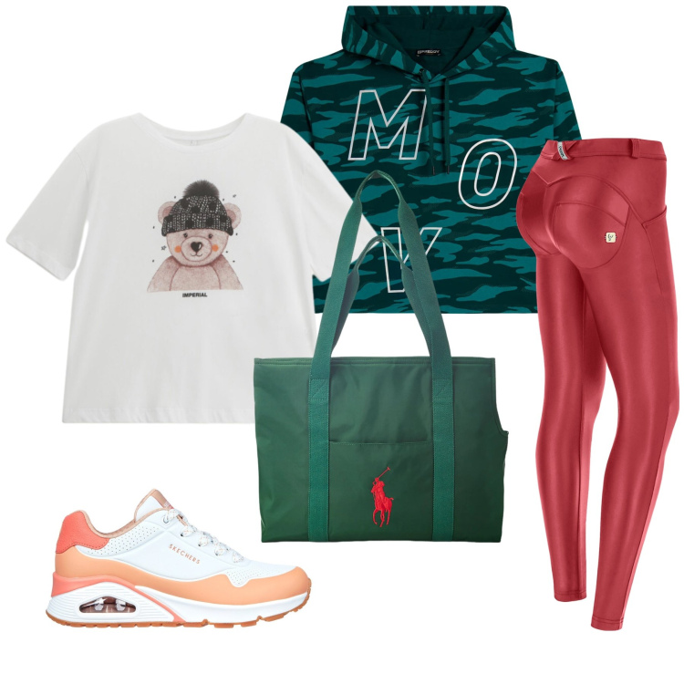 Outfit donna - Total look #2298612. Stile Casual per Tutti i giorni. Abbinamento con t-shirt, pantaloni skinny, felpe con cappuccio, borse tote, sneakers.