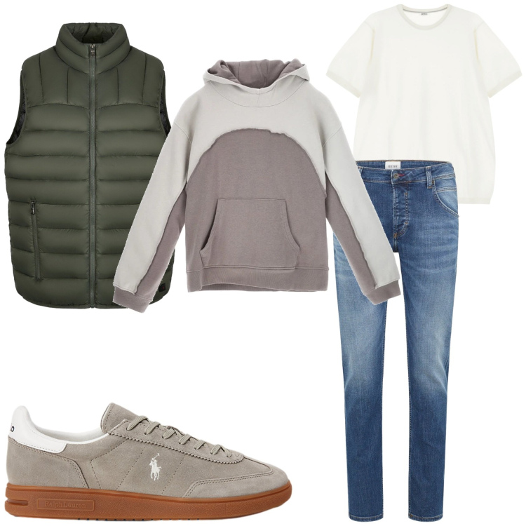 Outfit uomo - Caldo inverno. Stile Urban per Tutti i giorni. Abbinamento con jeans dritti, t-shirt, sneakers, piumini, felpe con cappuccio.