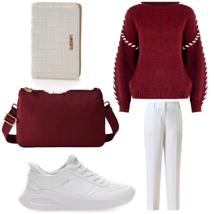 Outfit donna - Bianco e bordeaux a Dicembre. Stile Casual chic per Ufficio. Abbinamento con maglieria, pantaloni, borse a tracolla, sneakers, portafogli.