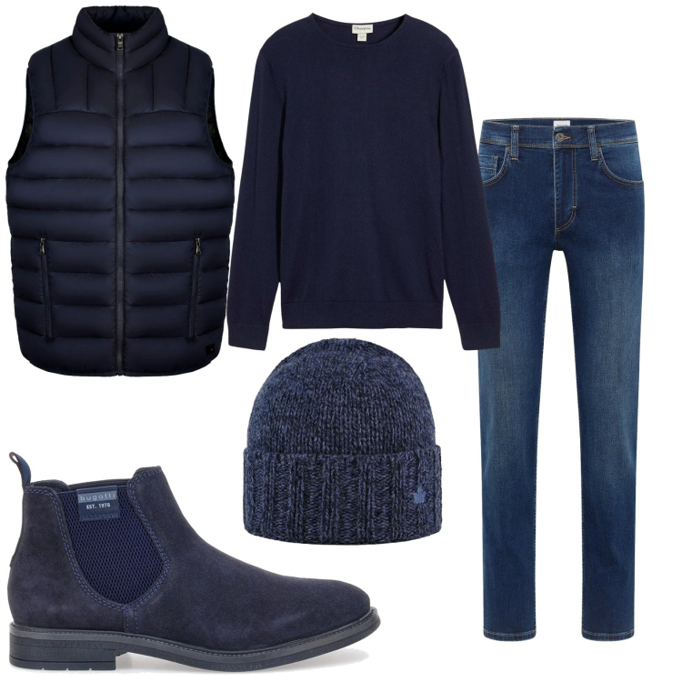 Outfit uomo - Inverno in blue. Stile Urban per Tutti i giorni. Abbinamento con jeans dritti, maglieria, cappelli, piumini, stivali e stivaletti.