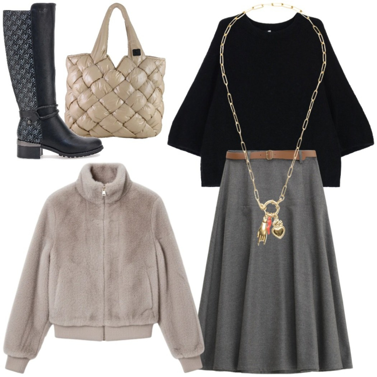Outfit donna - Sweet december. Stile Casual chic per Tutti i giorni. Abbinamento con gonne lunghe, bomber, maglieria, ciondoli, borse tote, stivali.