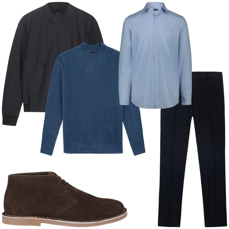 Outfit uomo - Il mio stile blu. Stile Urban per Tutti i giorni. Abbinamento con stivali e stivaletti, camicie, pantaloni, bomber, maglieria.