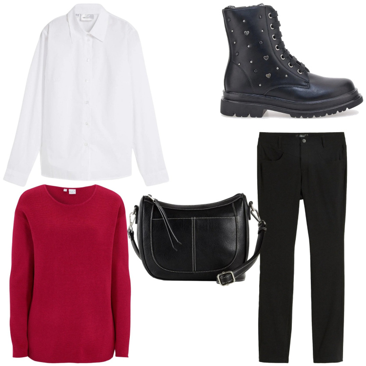 Outfit donna - Casual ricercato. Stile Casual chic per Tutti i giorni. Abbinamento con camicie, maglieria, pantaloni, borse a tracolla, anfibi.