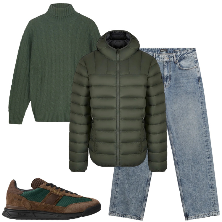 Outfit uomo - Dicembre. Stile Casual per Tutti i giorni. Abbinamento con jeans dritti, sneakers, piumini, maglieria.