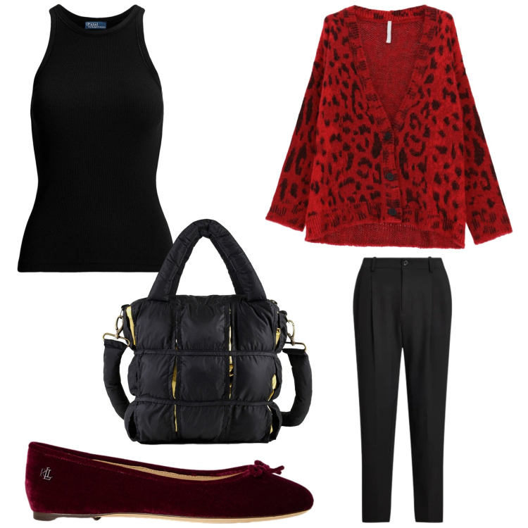 Outfit donna - Il rosso maculato. Stile Casual per Tutti i giorni. Abbinamento con cardigans, canottiere, ballerine, pantaloni, borse a mano.