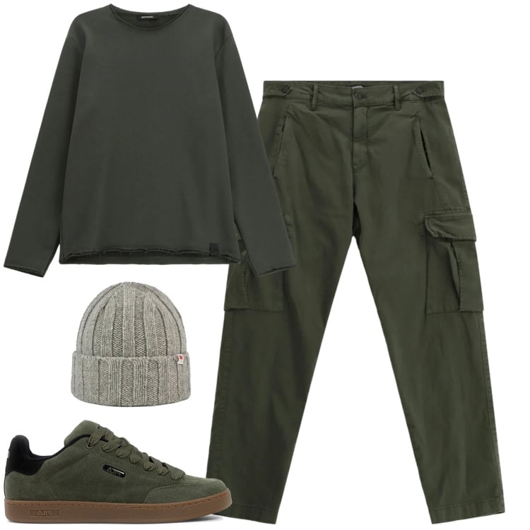 Outfit uomo - Green. Stile Casual per Tutti i giorni. Abbinamento con felpe, pantaloni cargo, berretti, sneakers.