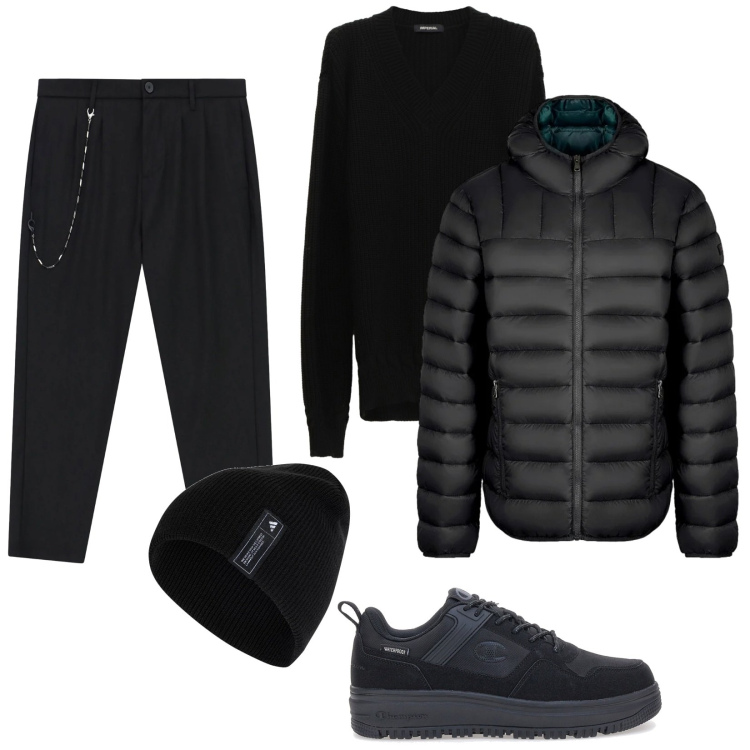 Outfit uomo - Total black. Stile Casual per Tutti i giorni. Abbinamento con pantaloni, maglieria, piumini, berretti, sneakers.