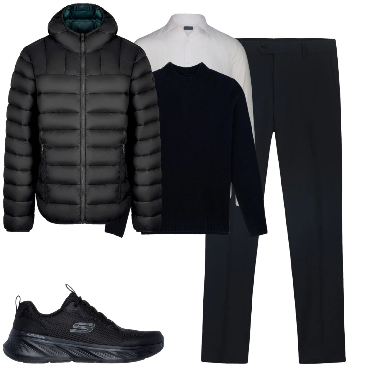 Outfit uomo - City. Stile Urban per Tutti i giorni. Abbinamento con piumini, pantaloni, camicie, maglieria, sneakers.