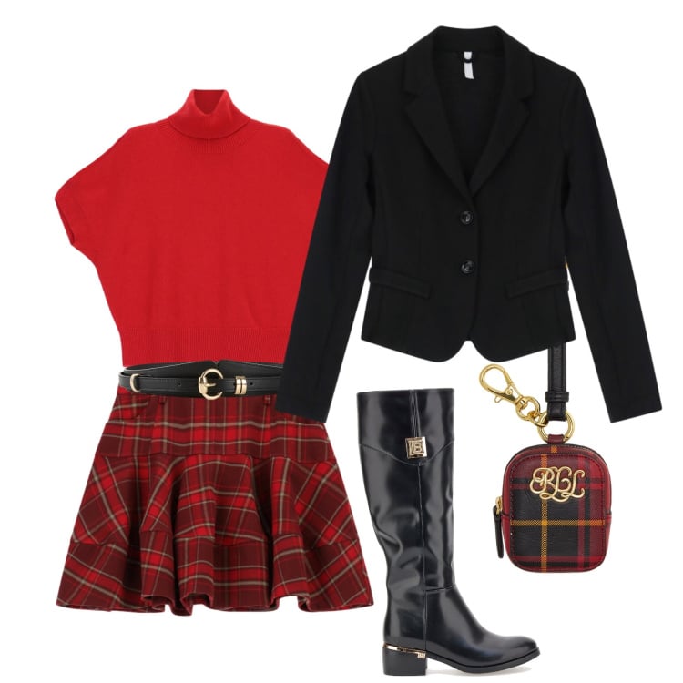 Outfit donna - Tartan in festa - @ellystyle. Stile Trendy per Tutti i giorni. Abbinamento con cinture, minigonne, blazer, maglieria, pochette, stivali.