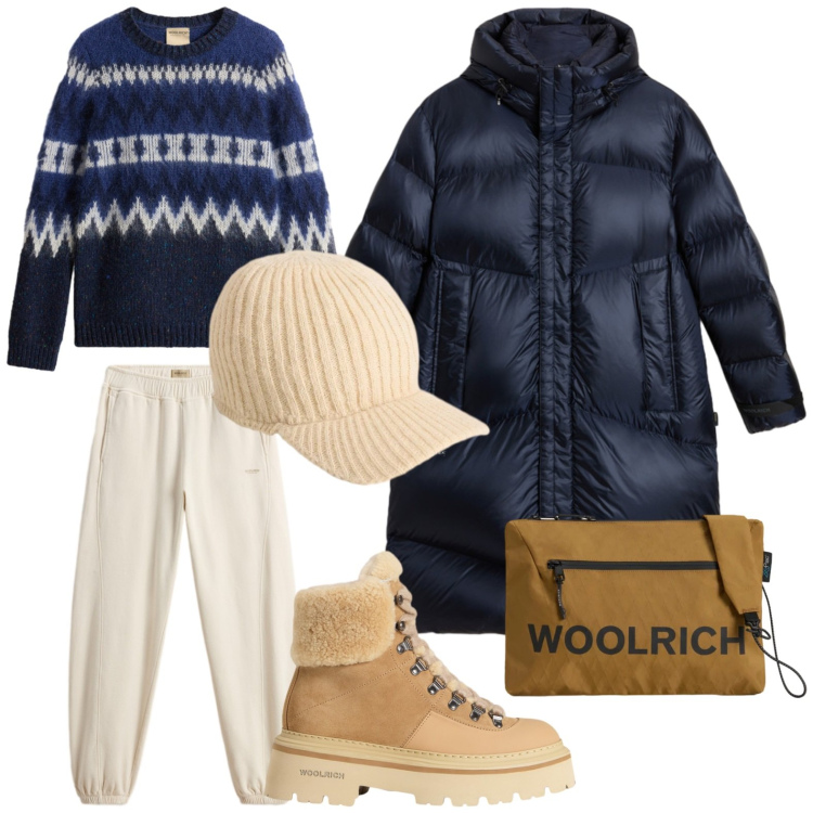 Outfit donna - Holiday Heritage. Stile Minimal per Tutti i giorni. Abbinamento con cappelli, borse a tracolla, pantaloni, maglieria, stivaletti, piumini.