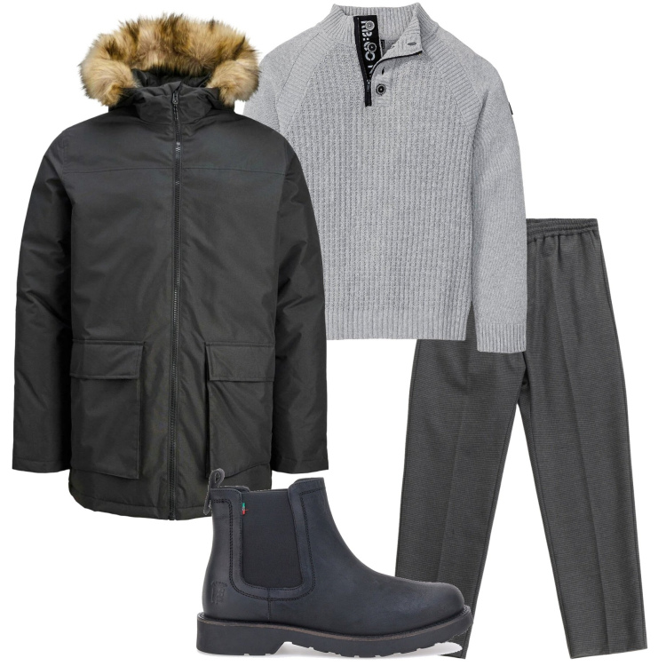 Outfit uomo - In città. Stile Urban per Tutti i giorni. Abbinamento con parka, maglieria, pantaloni, stivali e stivaletti.