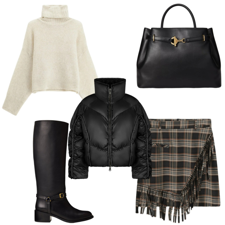 Outfit donna - Luxury workwear. Stile Casual chic per Ufficio. Abbinamento con minigonne, maglieria, stivali, borse a mano, piumini.