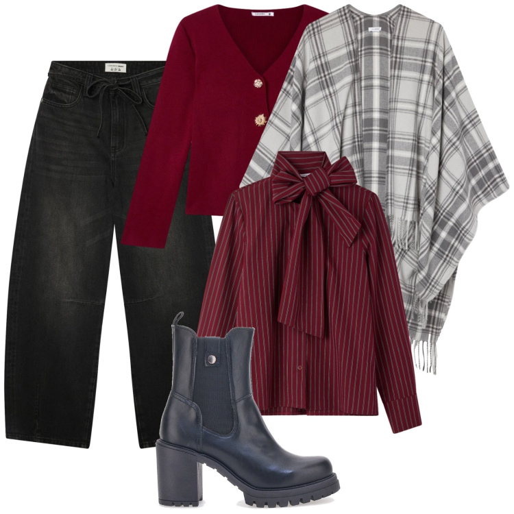 Outfit donna - Colori natalizi. Stile Casual chic per Tutti i giorni. Abbinamento con jeans, cappotti, cardigans, camicie, stivaletti.