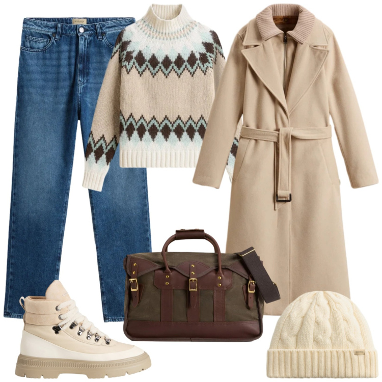 Outfit donna - Weekend invernale. Stile Basic per Tutti i giorni. Abbinamento con cappotti, maglieria, anfibi, borse a tracolla, berretti, jeans.