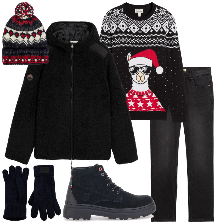 Outfit uomo - Festa in baita. Stile Casual per Serata speciale. Abbinamento con jeans dritti, giacche, maglieria, guanti, stivali e stivaletti, berretti.