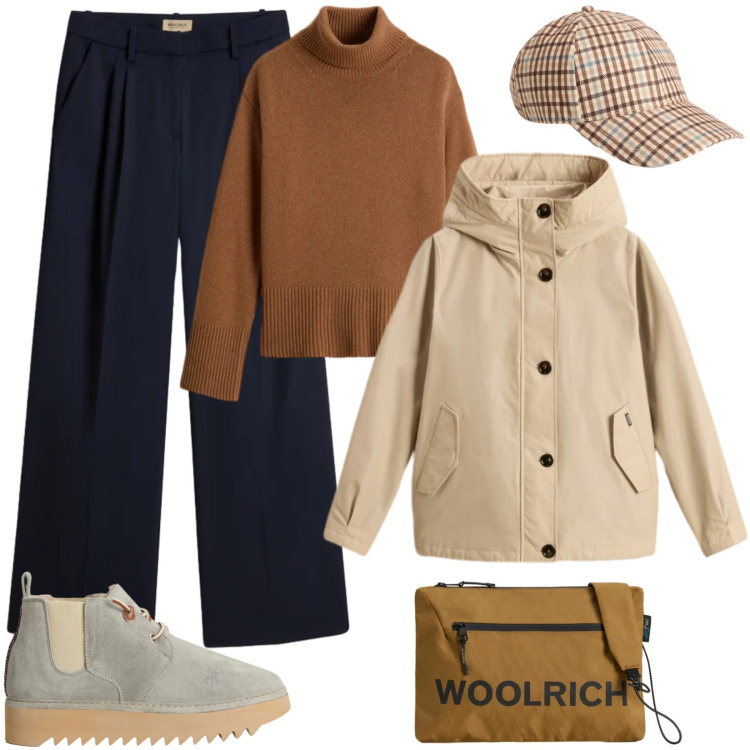 Outfit donna - Passeggiata invernale. Stile Basic per Tutti i giorni. Abbinamento con borse a tracolla, stivaletti, cappelli, pantaloni, maglieria, blazer.
