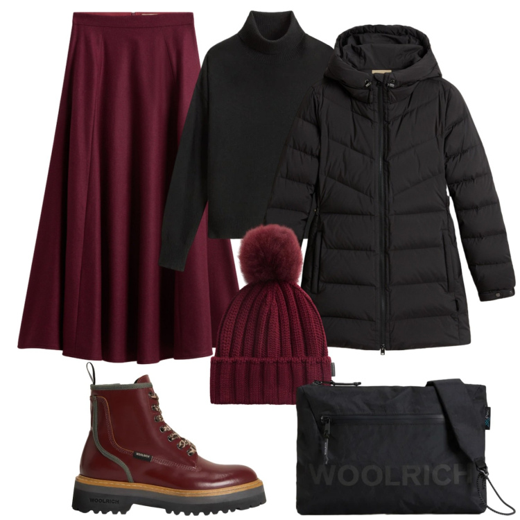 Outfit donna - Nero e Bordeaux. Stile Trendy per Tutti i giorni. Abbinamento con piumini, anfibi, gonne lunghe, maglieria, borse a tracolla, berretti.