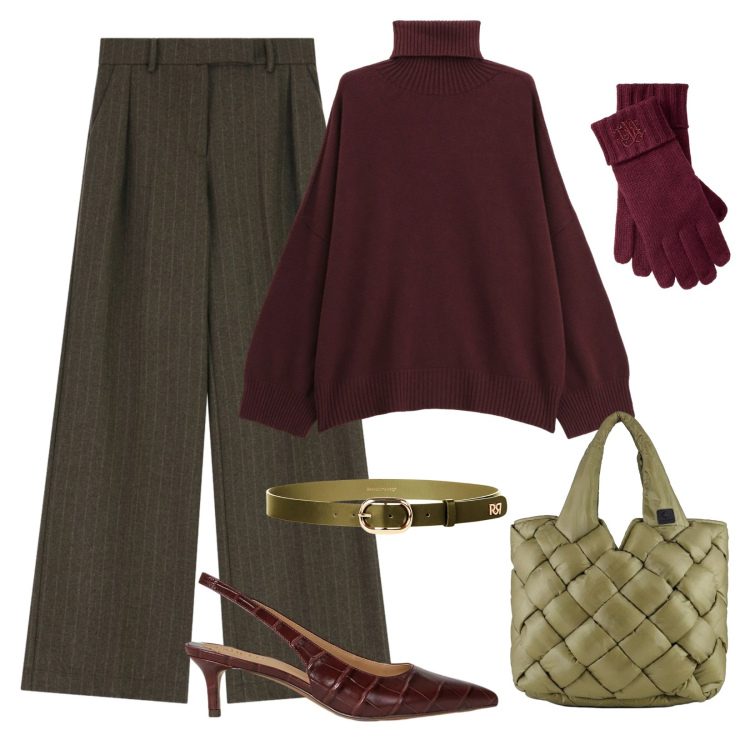 Outfit donna - Inverno curvy pieno di stile!. Stile Chic per Ufficio. Abbinamento con pantaloni a palazzo, cinture, maglieria, décolleté, guanti, borse tote.