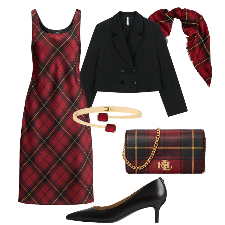 Outfit donna - Tartan chic - @ellystyle. Stile Chic per Serata fuori. Abbinamento con blazer, sciarpe, borse a mano, braccialetti, vestiti senza maniche, décolleté.