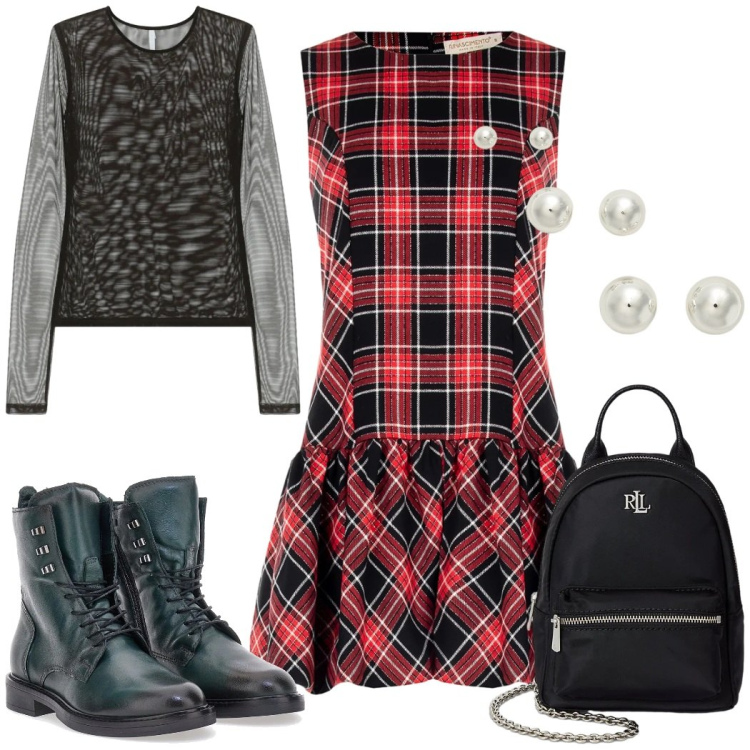 Outfit donna - Natale dai nonni. Stile Preppy per Serata fuori. Abbinamento con vestiti senza maniche, t-shirt, orecchini, zaini, anfibi.