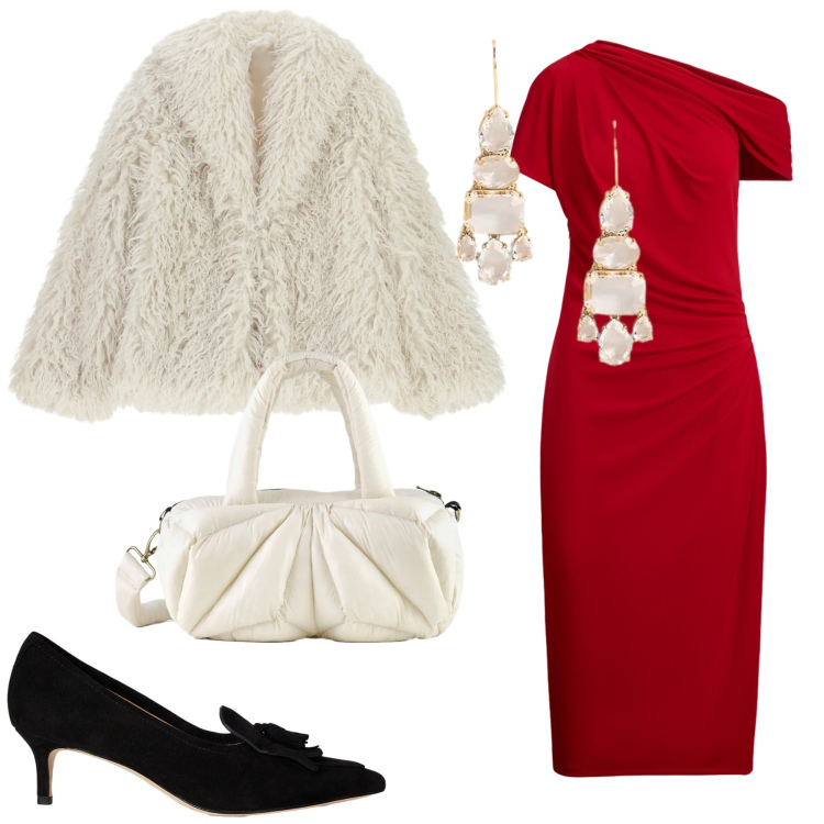 Outfit donna - Sera di Natale. Stile Chic per Serata fuori. Abbinamento con ecopellicce, vestiti asimmetrici, orecchini, décolleté, borse a mano.