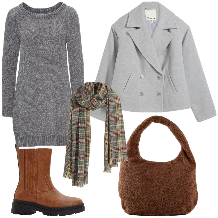 Outfit donna - Winter Looks, XMas Mood. Stile Etnico per Tutti i giorni. Abbinamento con caban, vestiti, sciarpe, shopping bag, stivaletti chelsea.