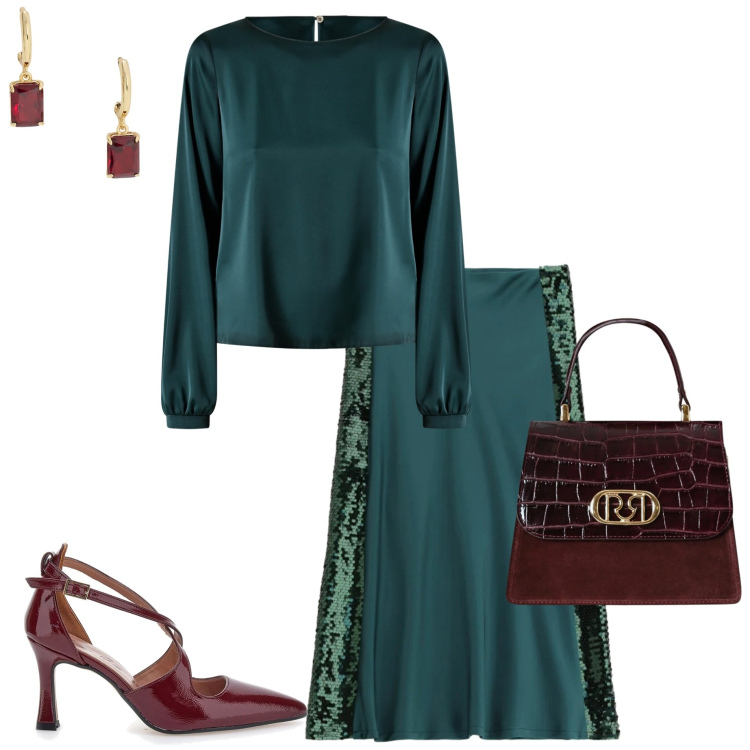 Outfit donna - Tessuto fluido. Stile Chic per Serata fuori. Abbinamento con gonne lunghe, bluse, borse a mano, orecchini, décolleté.