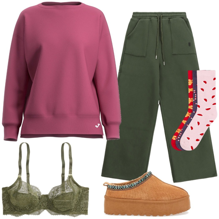 Outfit donna - Home sweet home. Stile Casual per Tutti i giorni. Abbinamento con calzini, pantaloni sportivi, reggiseni, pantofole, felpe.