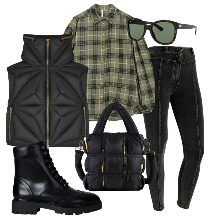 Outfit donna - Total look #2298668. Stile Casual per Tutti i giorni. Abbinamento con camicie, jeggings, occhiali da sole, anfibi, gilet, borse a mano.