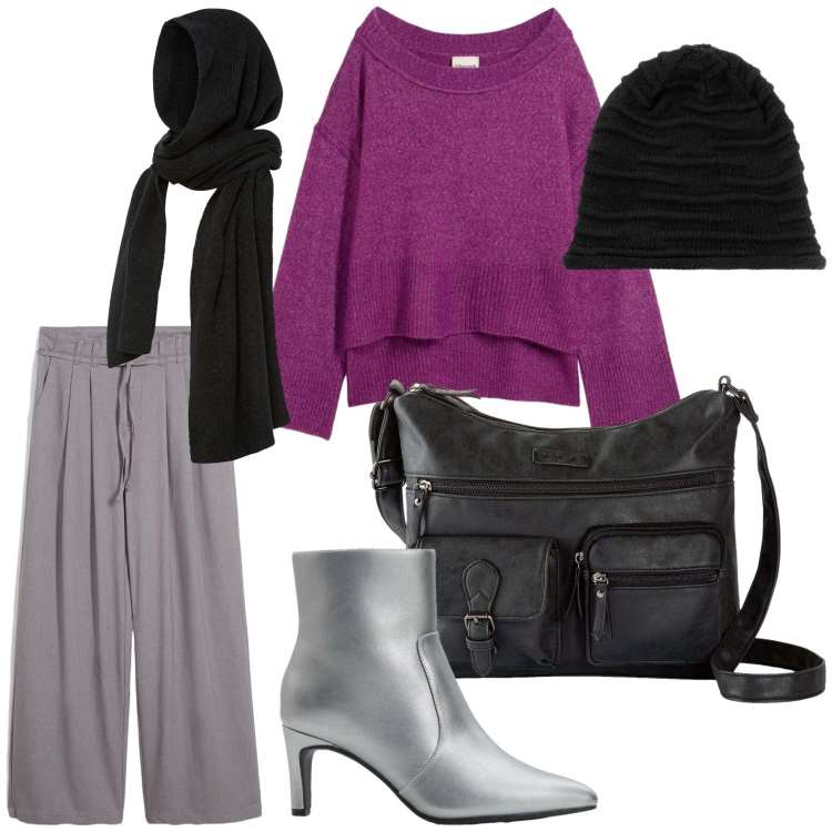 Outfit donna - Winter Looks, XMas Mood. Stile Minimal per Tutti i giorni. Abbinamento con maglieria, berretti, sciarpe, borse a tracolla, stivaletti, pantaloni.