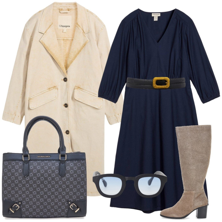 Outfit donna - In città. Stile Casual chic per Tutti i giorni. Abbinamento con trench, vestiti, occhiali da sole, stivali, borse a tracolla, cinture.