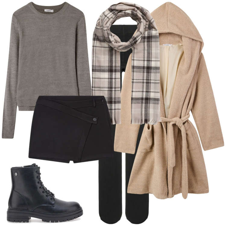 Outfit donna - Shorts invernali. Stile Trendy per Tutti i giorni. Abbinamento con maglieria, minigonne, collant, sciarpe, cappotti, anfibi.