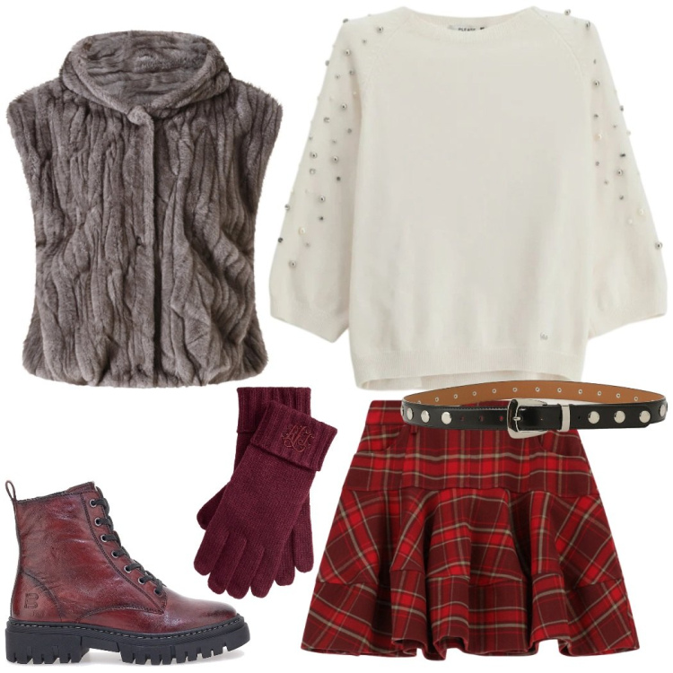 Outfit donna - Feste in famiglia. Stile Trendy per Serata fuori. Abbinamento con maglieria, piumini, minigonne, cinture, guanti, anfibi.