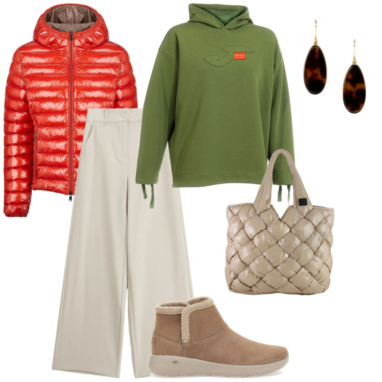 Outfit donna - Feste Natalizie. Stile Casual per Tutti i giorni. Abbinamento con pantaloni a palazzo, orecchini, blazer, borse tote, stivaletti, felpe con cappuccio.