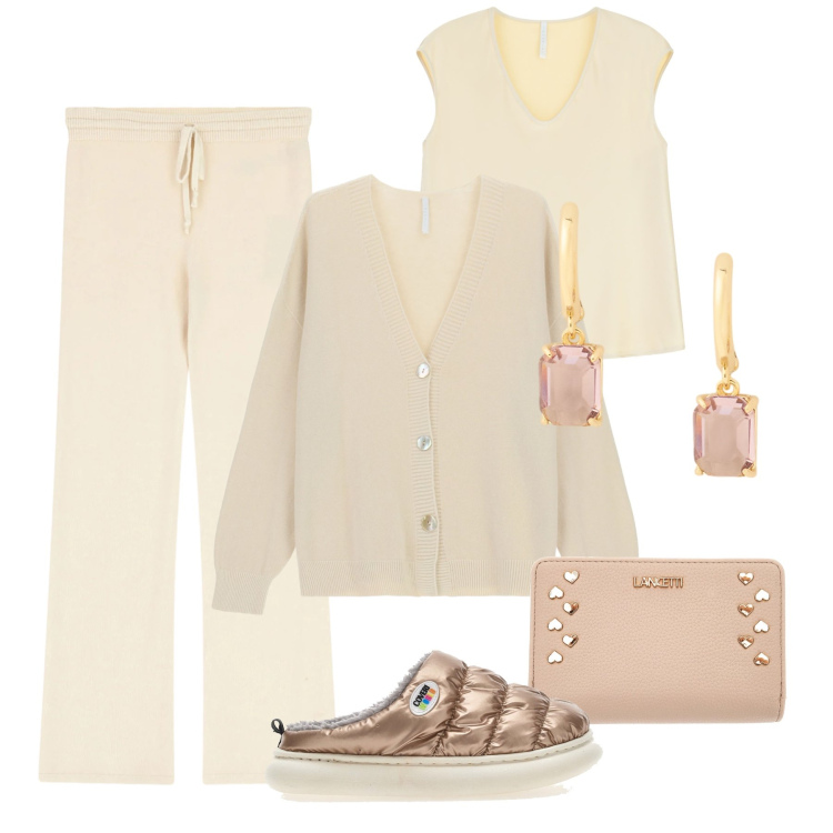 Outfit donna - Rilassata con stile. Stile Sporty chic per Tutti i giorni. Abbinamento con pantaloni a palazzo, cardigans, top, orecchini, pantofole, portafogli.