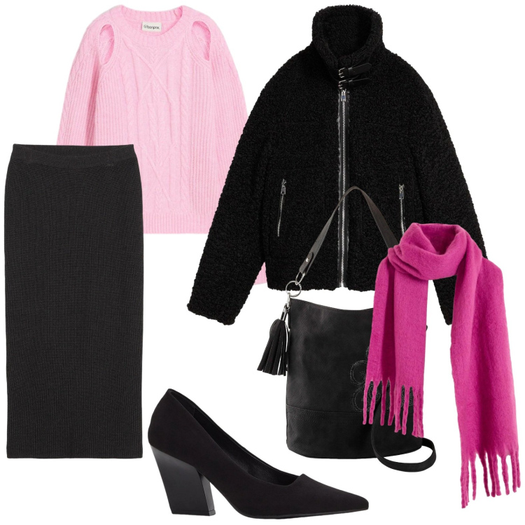 Outfit donna - Winter Looks, XMas Mood. Stile Glamour per Tutti i giorni. Abbinamento con gonne, borse a mano, décolleté, ecopellicce, maglieria, sciarpe.
