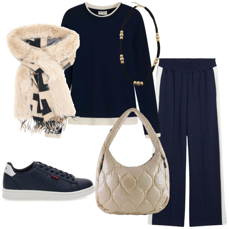 Outfit donna - Total look #2298680. Stile Casual chic per Tutti i giorni. Abbinamento con maglieria, pantaloni, collane, borse tote, sneakers, cappe.