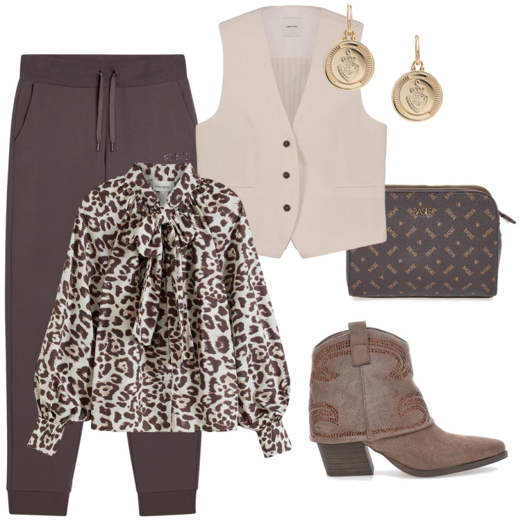 Outfit donna - In marrone. Stile Glamour per Tutti i giorni. Abbinamento con camicie, pantaloni, orecchini, stivaletti texani, gilet, borse a tracolla.