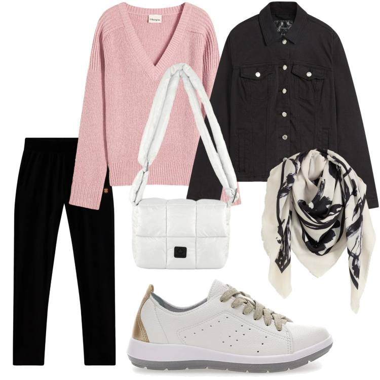 Outfit donna - Le sneakers comode. Stile Minimal per Tutti i giorni. Abbinamento con foulard, blazer, maglieria, pantaloni, borse a spalla, sneakers.